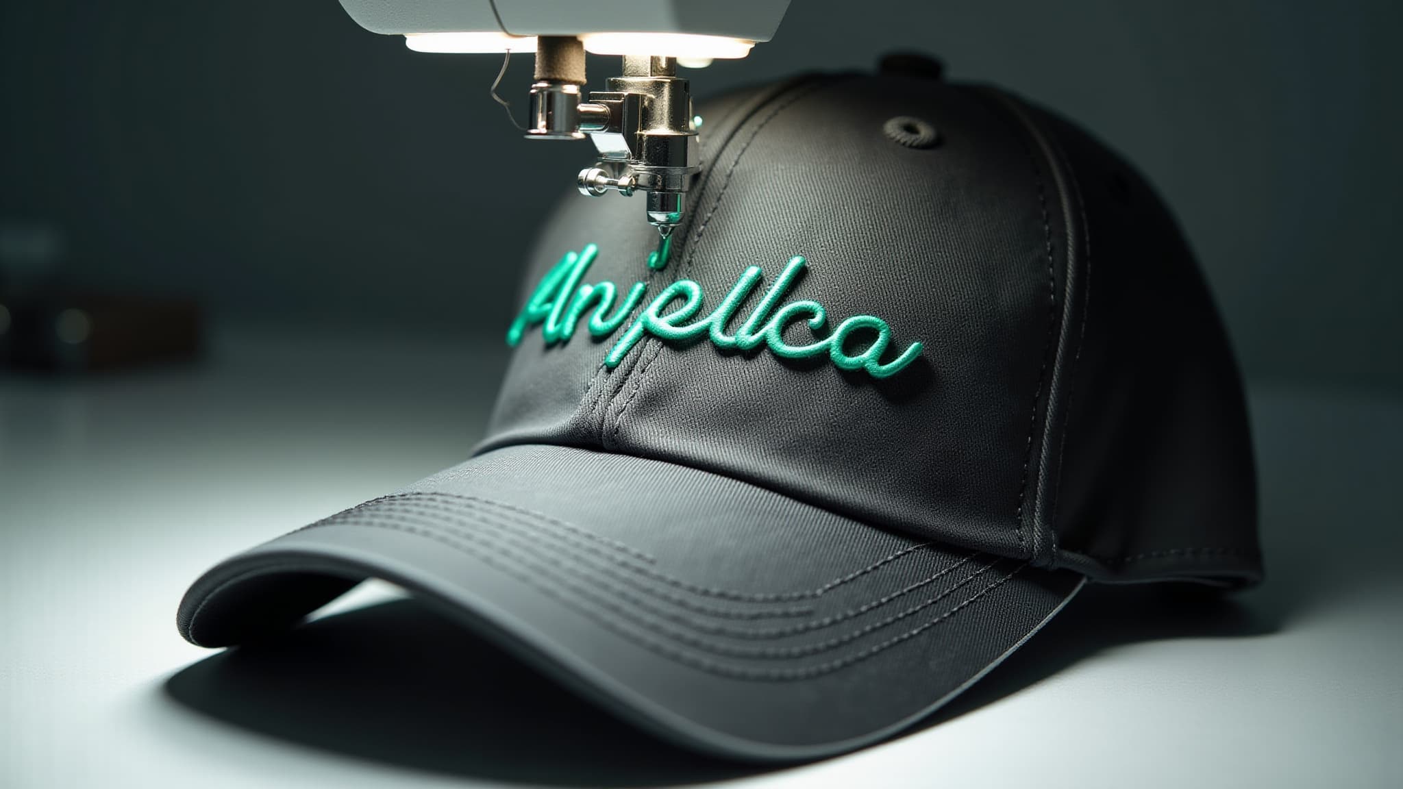 Embroidery machine stitching a custom logo onto a cap