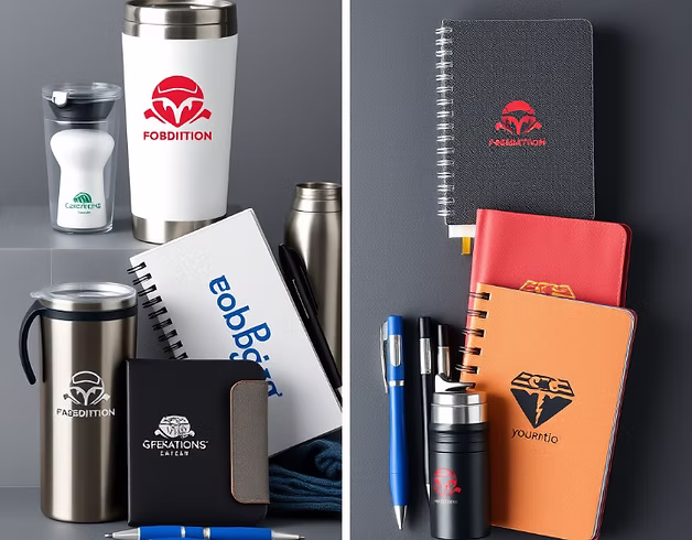 Branded tumblers, notebooks and pens arranged on a dark surface