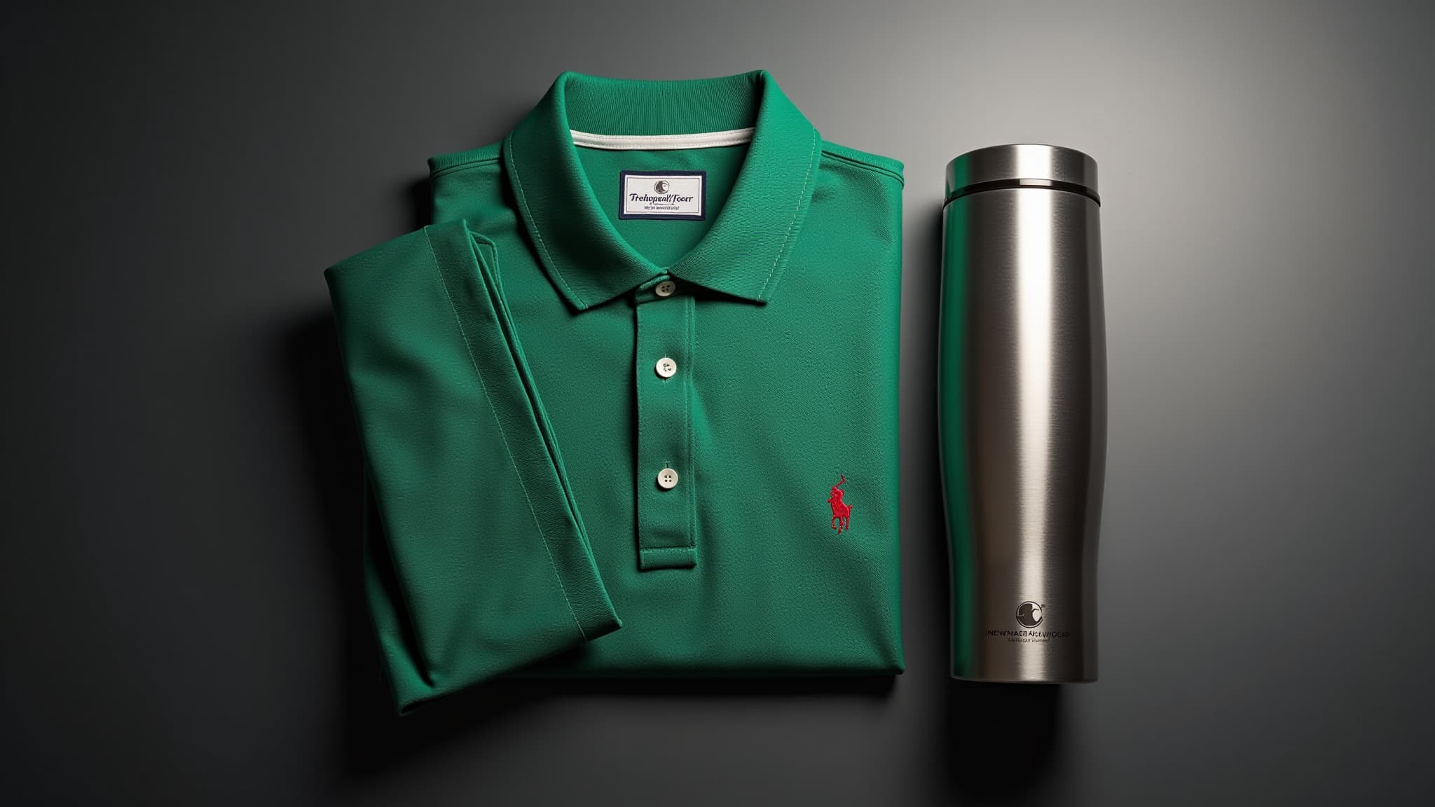 Folded green polo shirt beside a brushed steel tumbler