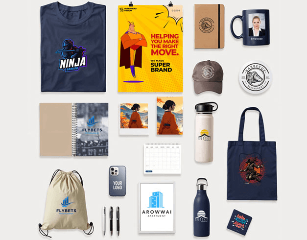 A range of branded apparel, drinkware, bags and stationery